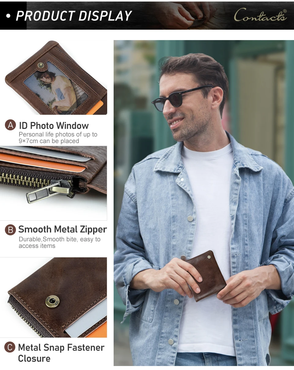 CONTACT'S Genuine Leather Men Wallet Small RFID Casual Trifold Short Wallets Zipper Coin Pocket Male Card Holder Purse