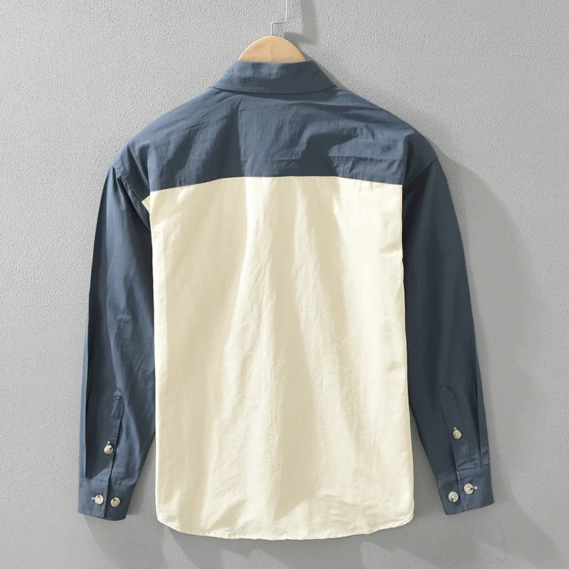 Vertical Striped Workwear Shirt Men Cotton Long Sleeve Bowling Spliced Shirt with Chest Pocket Casual Loose Fitting Cargo
