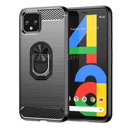 Carbon Fiber Brushed Soft Protective Phone Case with Ring Stand Holder, Shockproof Design - Pixel5 XL (Black With C Black)