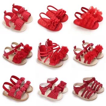 Sandali estivi per bambina, scarpe da bambino rosse festive e carine con fiori, suole in gomma morbida, scarpe da passeggio per bambini comode e casual 1