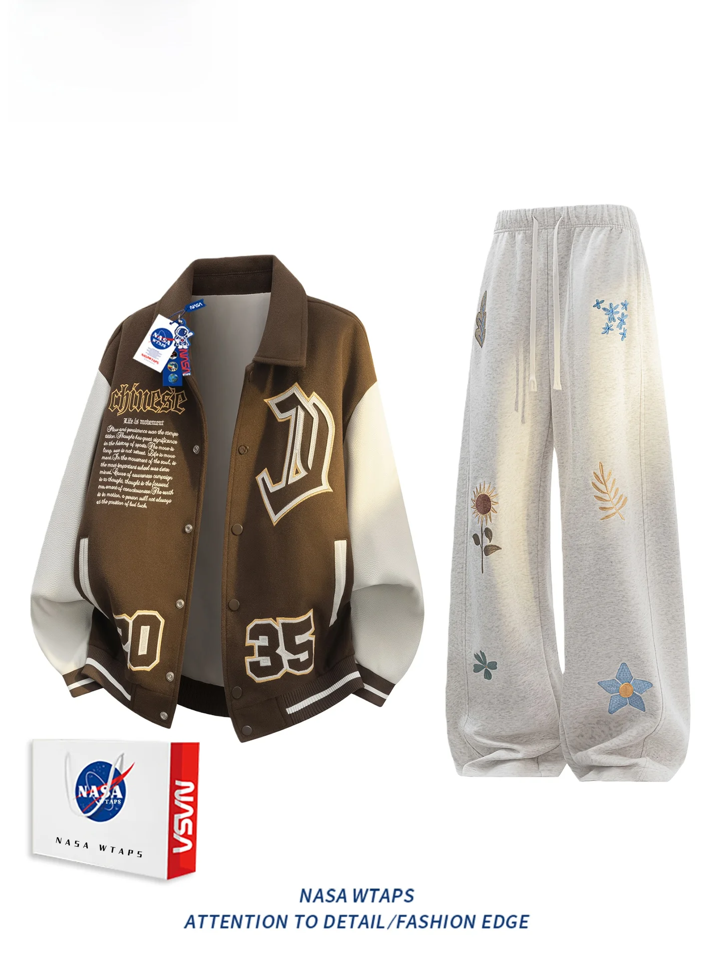 WTAPS 아메리칸 레트로 스타일 야구복 세트 남성용 봄 신상 자수 와이드 레그 팬츠 투피스 세트 캐주얼 스포츠웨어