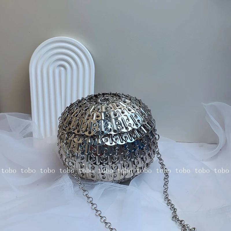 

Silver Metallic Shiny Crossbody Bags Inflexible Sequins Handmade Woven Three-dimensional Spherical Bead Box Designer Bags Luxury