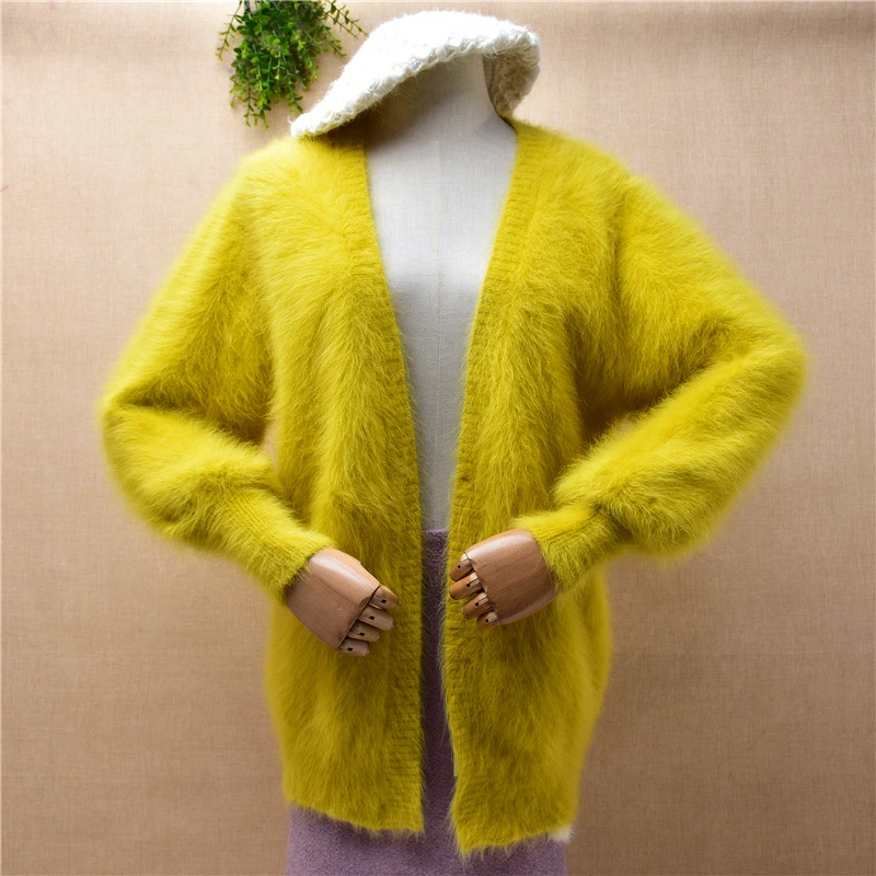 

female women fall winter hairy plush mink cashmere knitted long lantern sleeves slim cardigan mantle angora fur coat sweater top