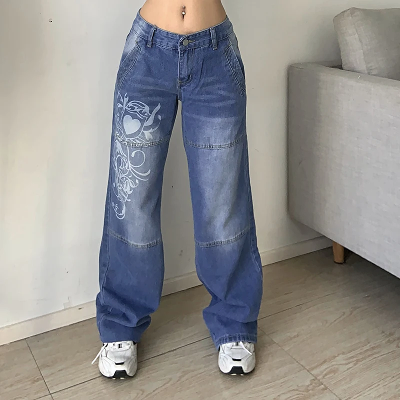 

Vintage Gothic Print Baggy Casual Wide Leg Denim Aesthetic Women Cargo Pants Black Jeans Y2K Low Rise Trousers Blue
