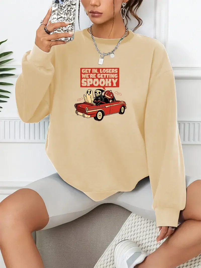 Getting Spooky Print Casual Loose Fashion Long-Sleeved Pullover Solid Color Women's Swearshirts