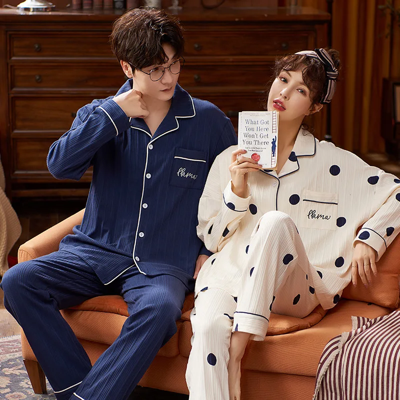 بيجامات للأزواج للفصول الأربعة شهم بأكمام طويلة النسخة الكورية من ملابس منزلية لطيفة على شكل رسوم كرتونية بيجامة صوفية ذات طية صدر السترة