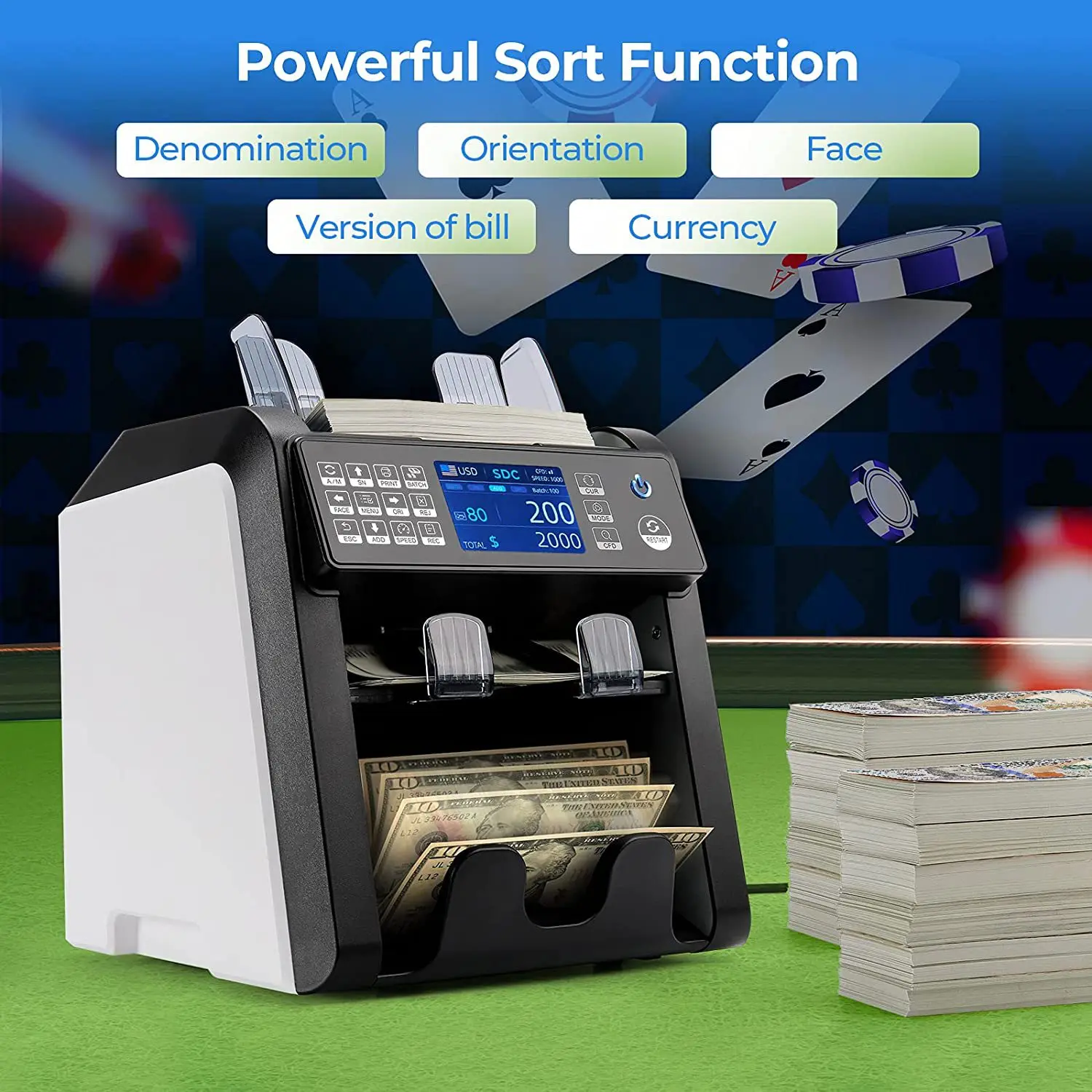AL-950 Dual CIS Banknote Sorter Fitness Mix Value Money Counter Counterfeit Bill