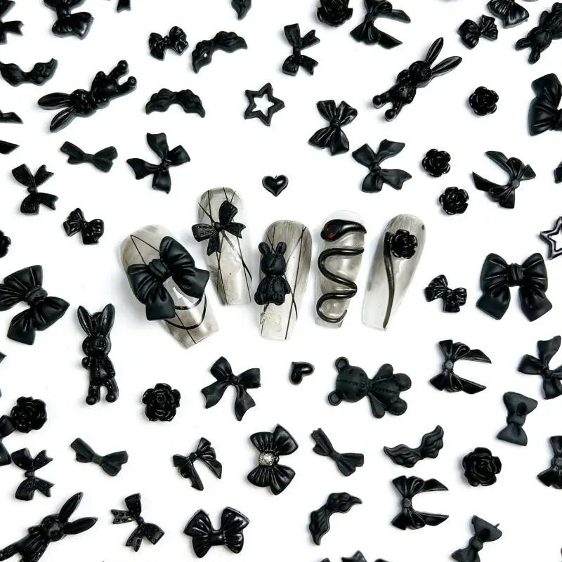 50PCS Mehrere Stil Schwarz Bögen Rose Nail art Dekorationen Harz Mini Herz Stern Dunklen Stil Nagel Charms Handgemachte DIY maniküre – Detail 2