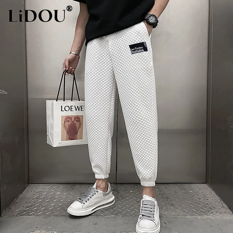 

Korean Style New Men's Clothing Elastic Waist Solid Color Waffler Pockets Sweatpants Man Fashion Casual Loose Ankle Length Pants