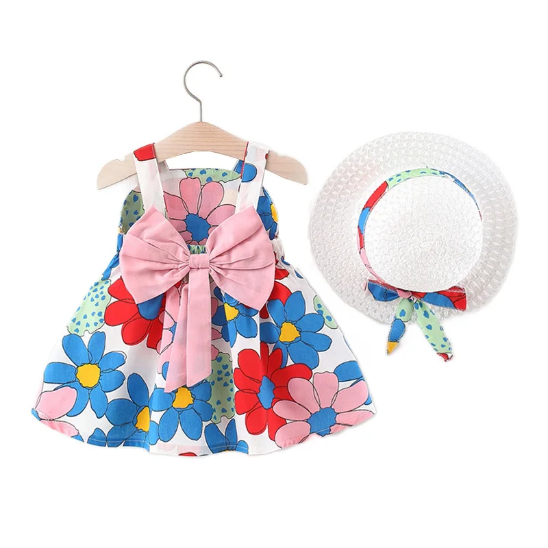 

2023 Summer Newborn Baby Clothes Infant Girls Costume Kids Print Sleeveless Floral Beach Dress + Sunhat 2Pcs Vestido Infantil