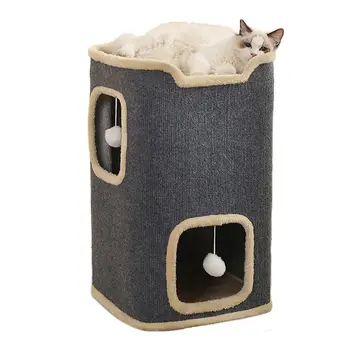 Maison pour chat à 2 couches, grotte pour chats d&rsquo;intérieur, maison rectangulaire pour chat, jouet suspendu d&rsquo;intérieur
