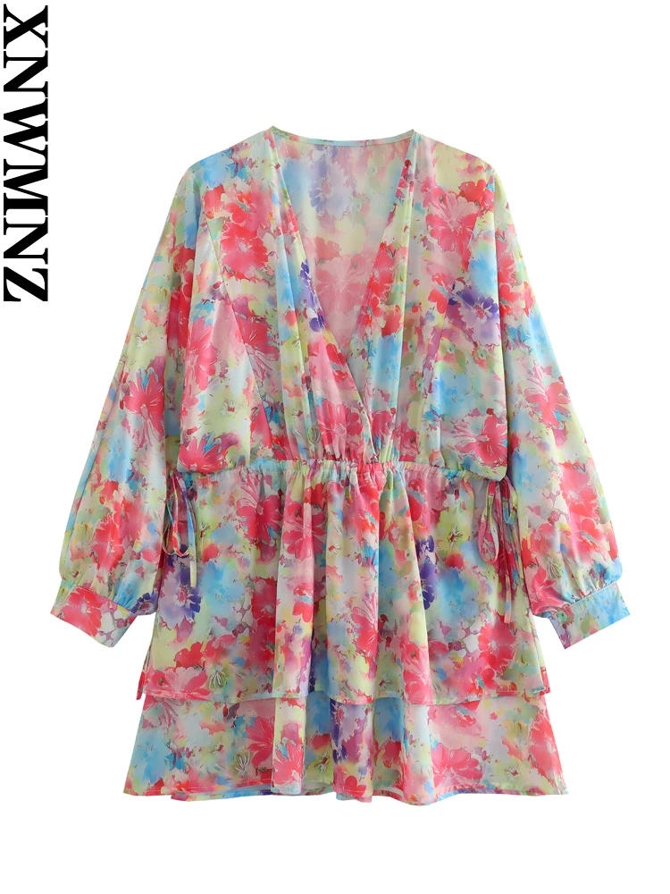 

XNWMNZ Women's Fashion 2023 Printed Short dress Women Vacation V-neck Long Sleeve Waist Drawstring Layered Female Dresses
