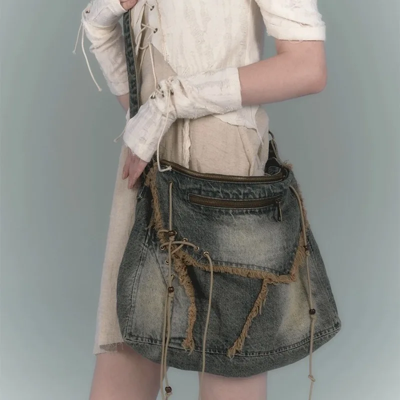 MBTI Y2k Vintage Womens Shoulder Bag Washed Denim Raw Edge Large Capacity Messenger Bag Hot Girls New Fashion Designer Handbag canvas bag women messenger bag