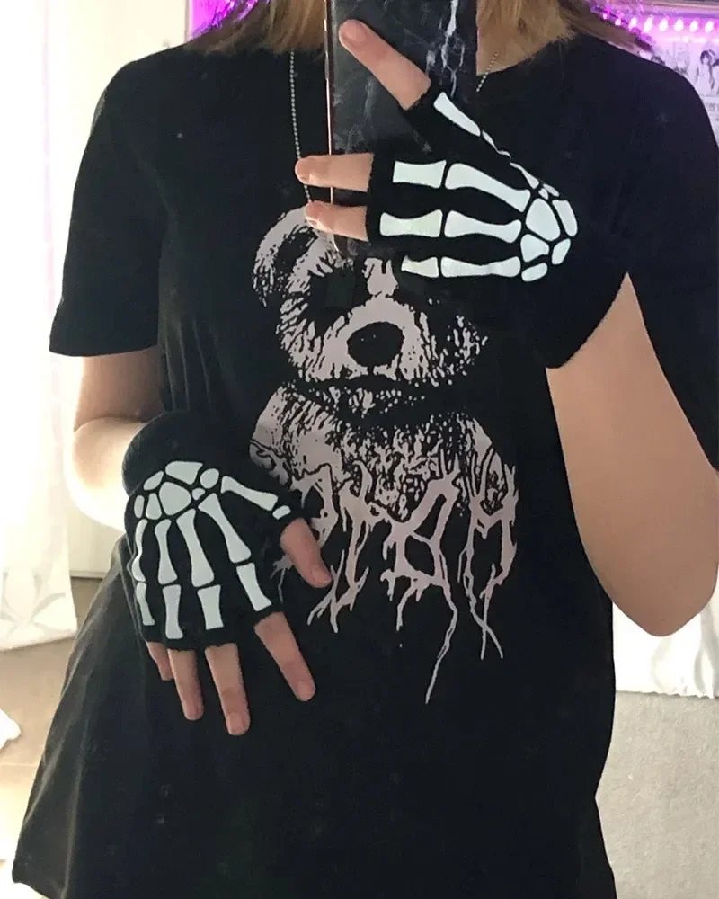 1–6 Paar neue erwachsene Cosplay-Halloween-Skelett-Schädel-Halbfinger-Punk-Handschuhe, die im Dunkeln leuchten, fingerlose Stretch-Strickhandschuhe – Detail 4