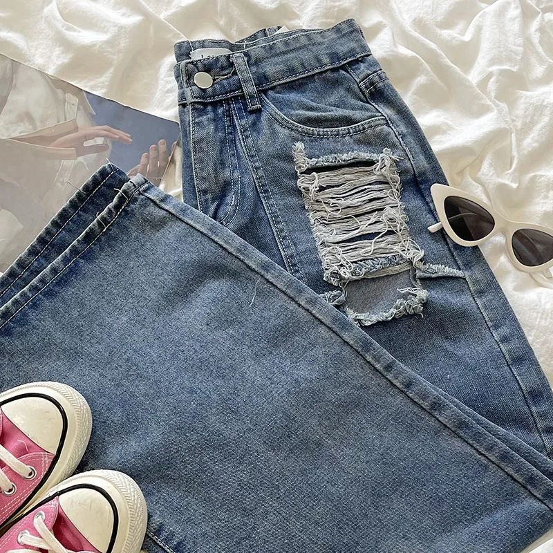 Vintage washed pockets hole high waisted straight tube wide leg denim pants
