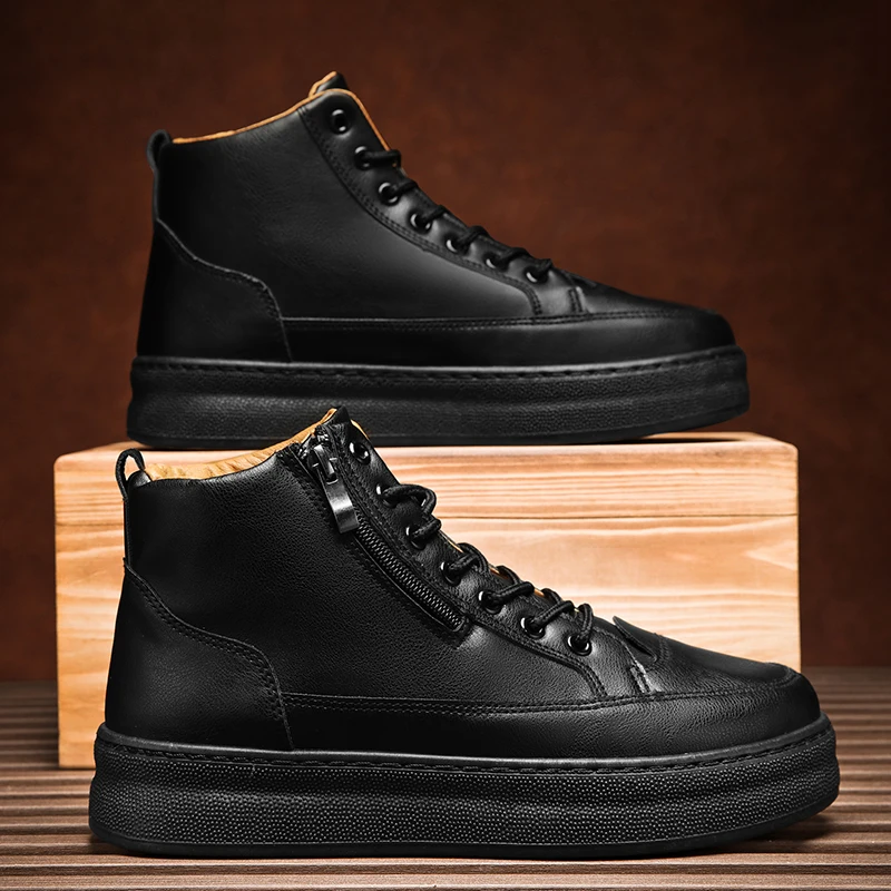 폭발적인 스타일의 남성용 가죽 부츠, 브리티시 심플한 플랫폼, 레이스업 지퍼, 방수, 튼튼한 남성 신발, 가을 바이커 부츠