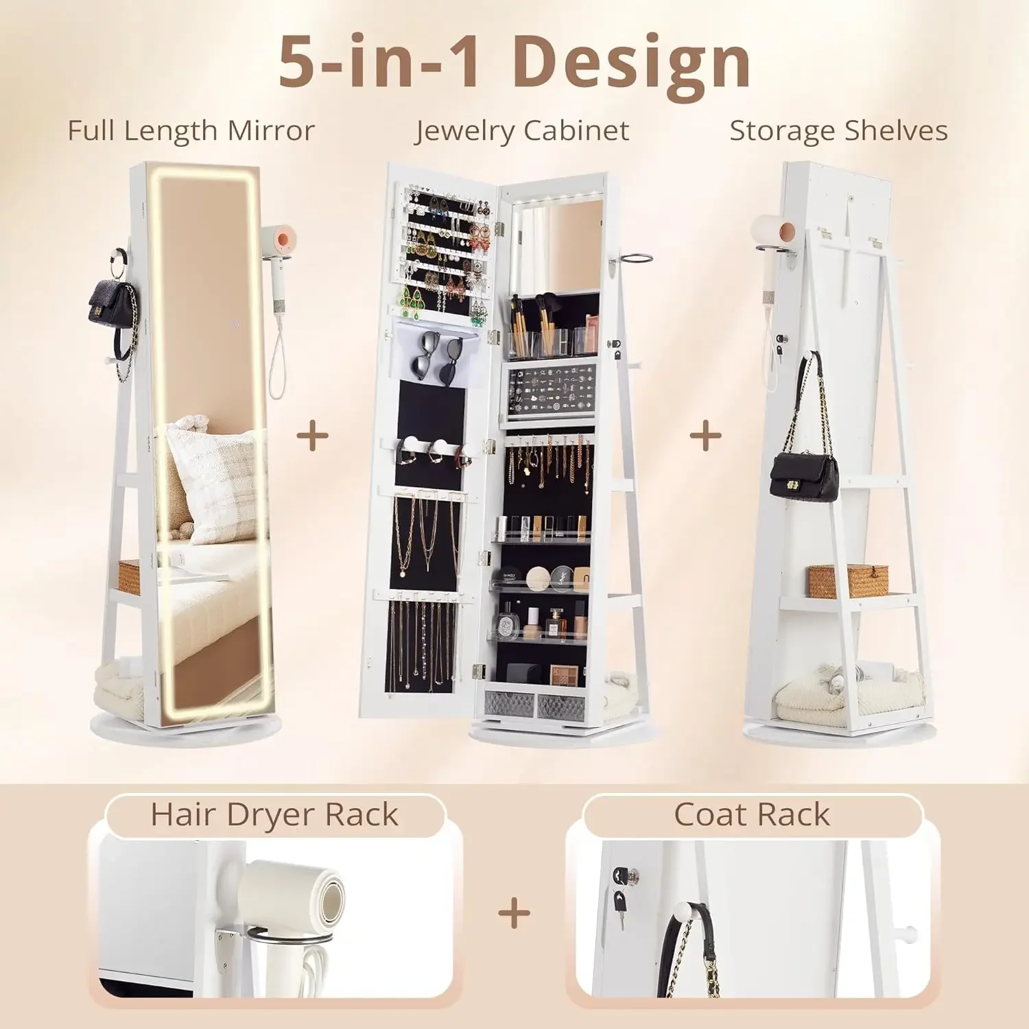 LED Mirror Jewelry Cabinet Standing, 360° Swivel Lockable Jewelry Armoire with Full Length Mirror & Adjustable LED Lights,White