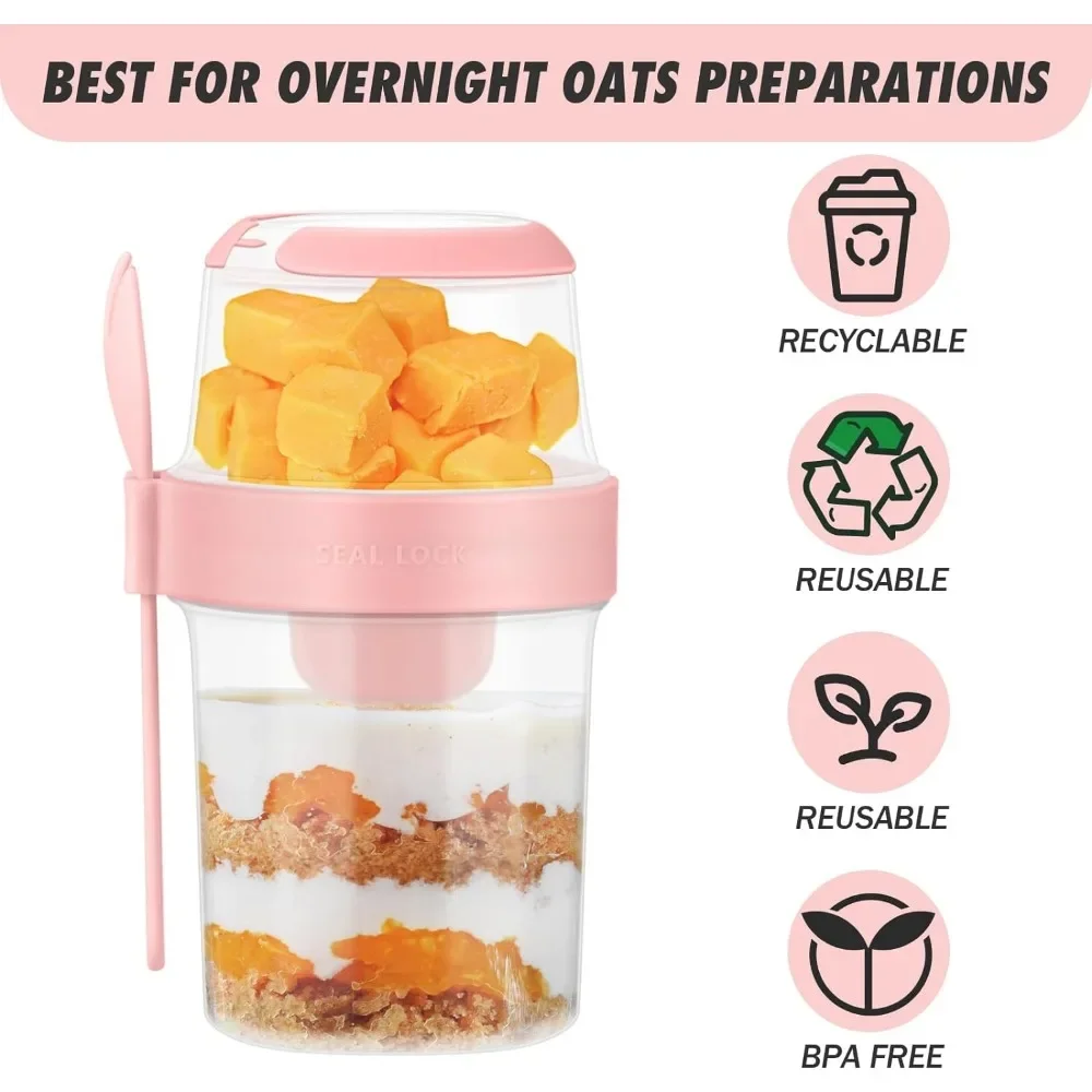 2Pcs Overnight Oats Container, 870ML Yogurt Pots Reusable Salad Cups with Lid Spoon Breakfast Jar Breakfast Pot 3