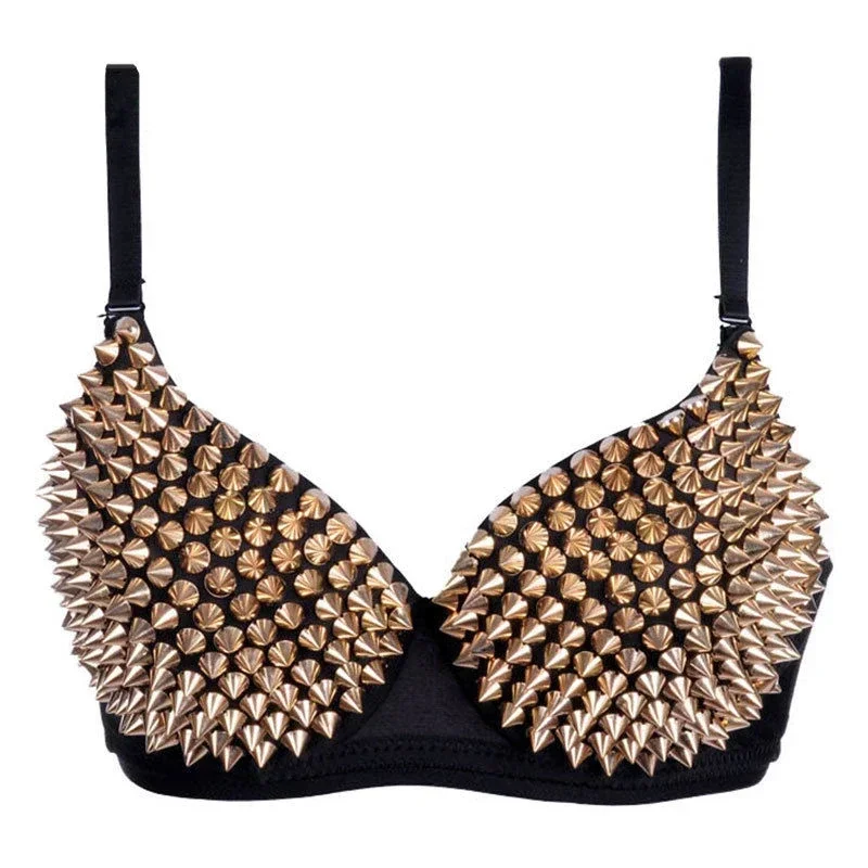 Silver Gothic Bra Top Rivet Rave Bralette Lingerie Sexy Push Up Punk Rock All-over Metallic Studded Spike Bras Nightclub Wear