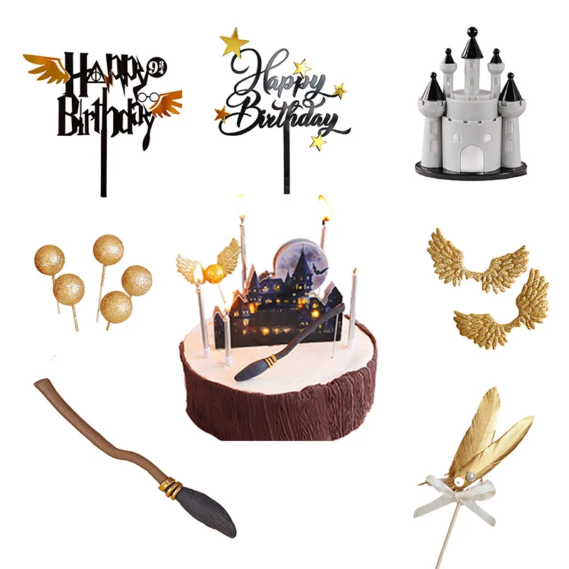 매직 테마 만화 생일 축하 아크릴 케이크 토퍼, 어린이 생일 파티 매직 캐슬 케이크 장식, 날개 삽입 베이비 샤워