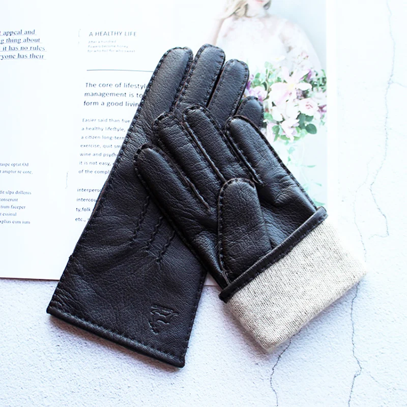 Women's Deer Skin Touch Screen Genuine Leather Gloves With Wool Lining For Autumn and Winter Warmth Motorcycle Riding Gloves