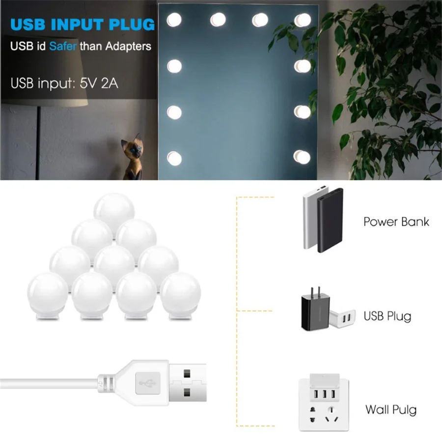 LED Professional Makeup Mirror Light for Bathroom Dressing Table Lamps USB Dimmable Mirror Front Lamps 3 Colors Vanity Lights