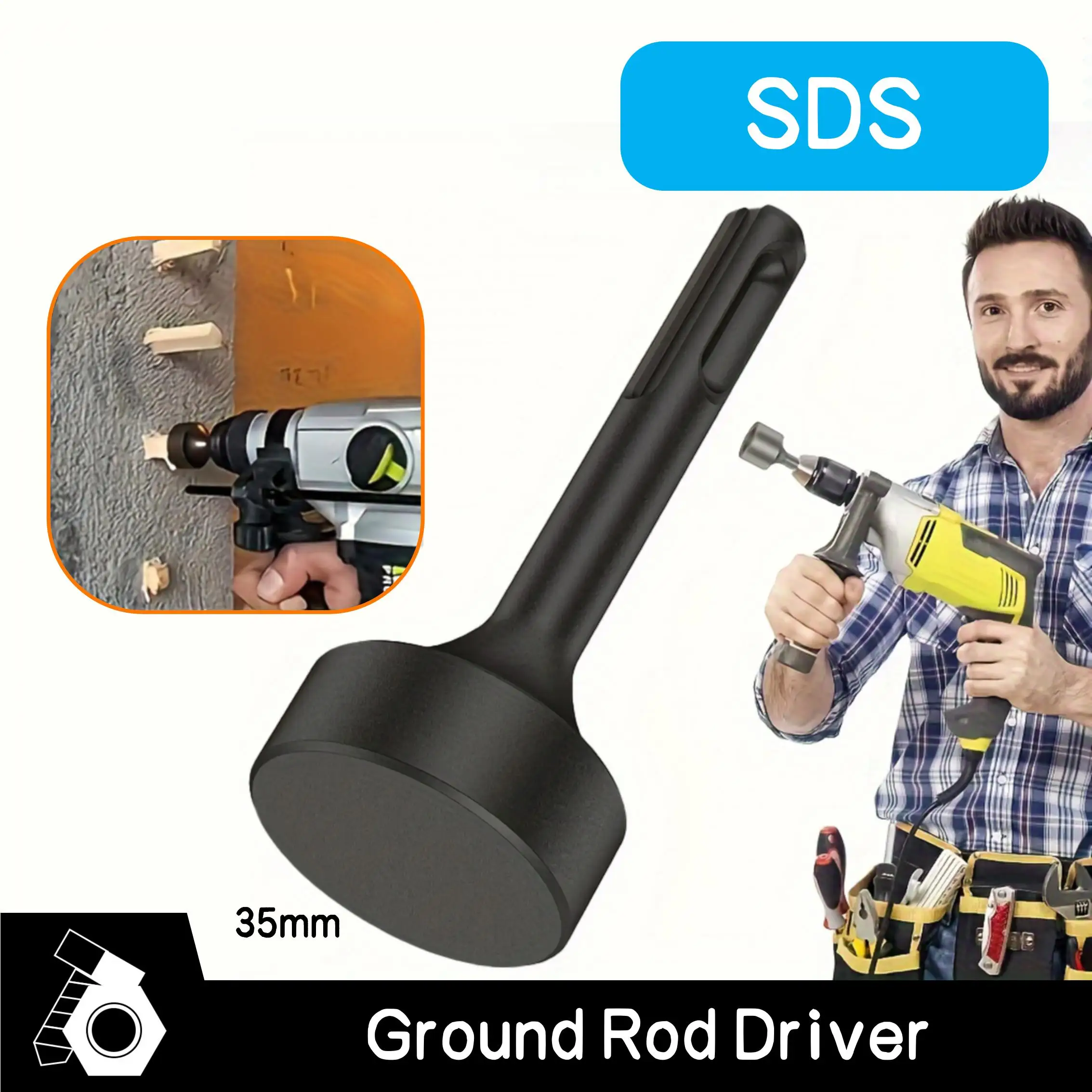 SDS Plus Ground Rod Driver Bit – Forged Steel Heavy Duty Driver For Rotary Hammer Drills, 3 Compatibility Options (Flat, 19mm, 21mm)