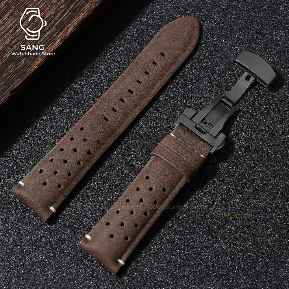 Vintage Brown Leather Strap with Butterfly Buckle - Breathable Business Watch Band Bracelet in Matte Finish