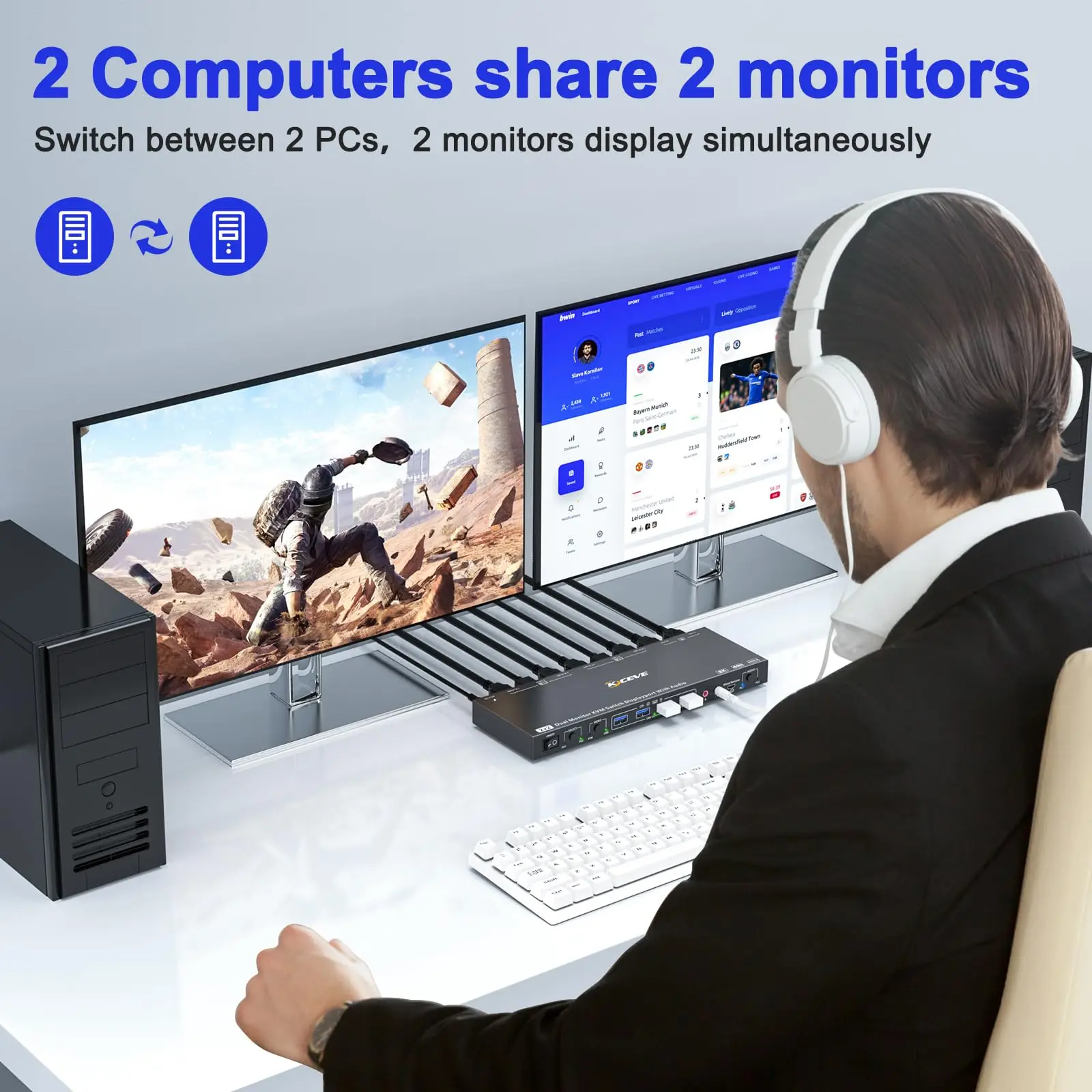 KCEVE 듀얼 모니터 KVM 스위치, 모니터 2 개, 컴퓨터 8K 4K, 음성 제어 디스플레이 포트 KVM 스위치, 오디오 및 USB 3.0 포트 4 개