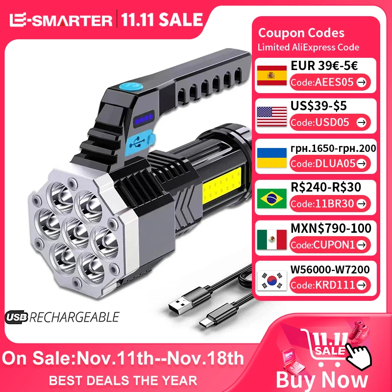 High Power Rechargeable Led Flashlights 7LED Camping Torch Cob Side Light Lightweight Outdoor Lighting ABS Material