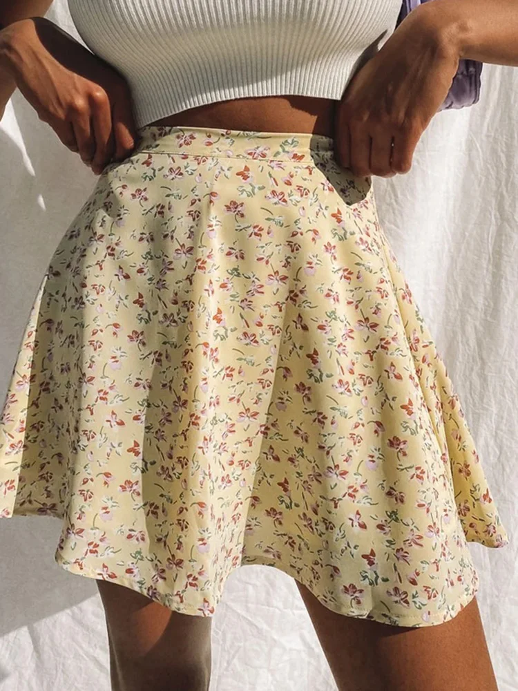 Summer Floral Printed Chiffon Skirt Mini New Harajuku Women Casual Fashion Short High Waist Outfit Streetwear