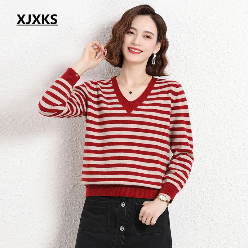 

XJXKS Fashion V-neck Women's Striped Sweater 2022 Autumn Winter Latest Loose Plus Size Wool Knitted Pullover Sueters De Mujer