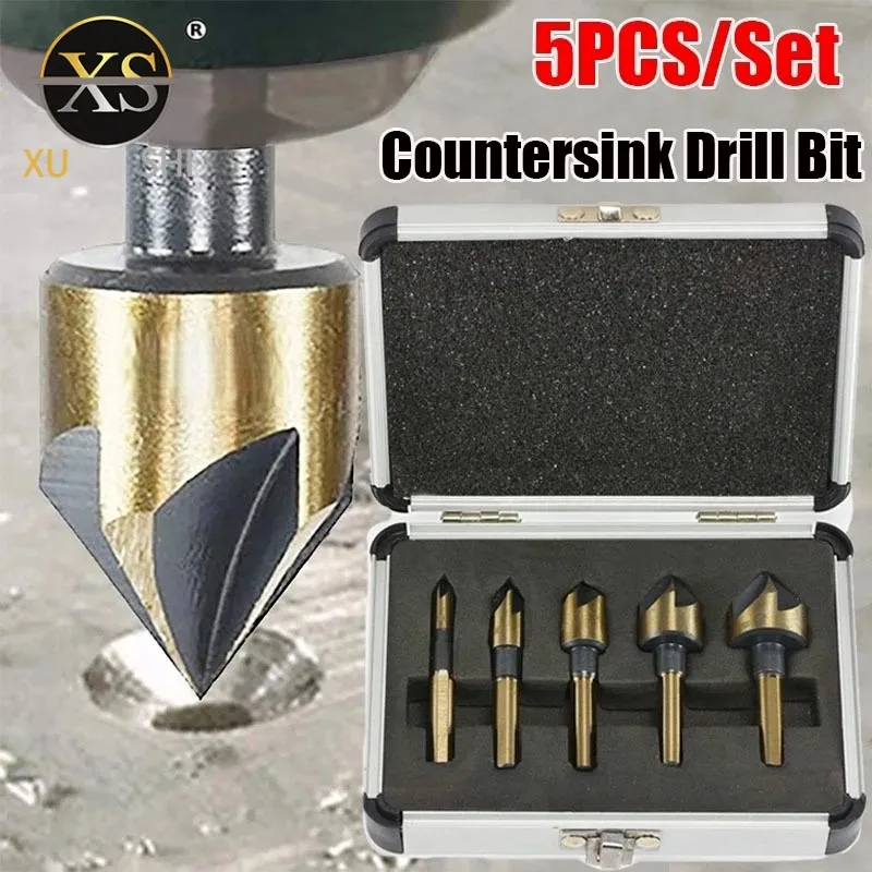 

1/5 Pcs Industrial Countersink Drill Bit Set Tri-Flat Shank Quick Change Kit Woodworking Professional Tools