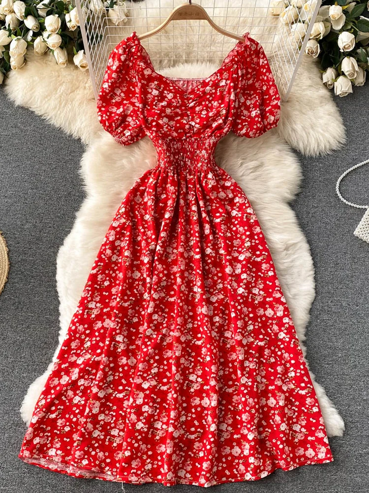 

YuooMuoo Limited Big Sales Women Dress Fashion V-neck Puff Sleeve Floral Print Elastic Corset Summer Dress Korean Party Vestidos