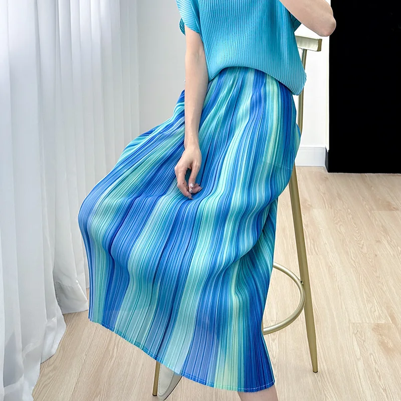 Miyake Style Skirt Women's Fashionable Temperament Versatile Niche Print Slim Slim Pleated Skirt 2024 Summer New Style