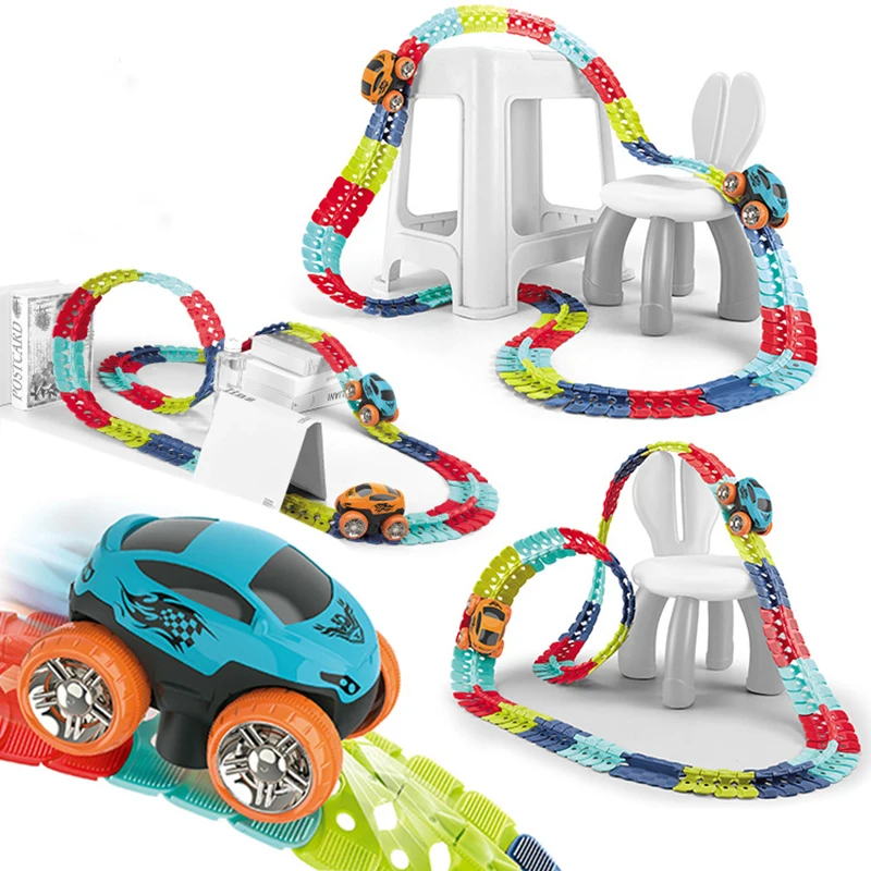 

DIY Assembled Electric Race Track Toy With LED Light-Up Race Car Flexible Railway Tracks Sets For Children Birthday Gifts