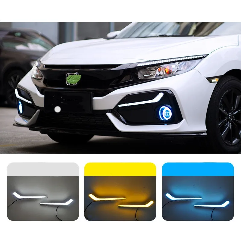 

2Pcs LED Daytime Running Lamp For 2019-2021 Honda Civic Tricolor Streamer Turn Signal Lights DRL Fog Light Car Accessories