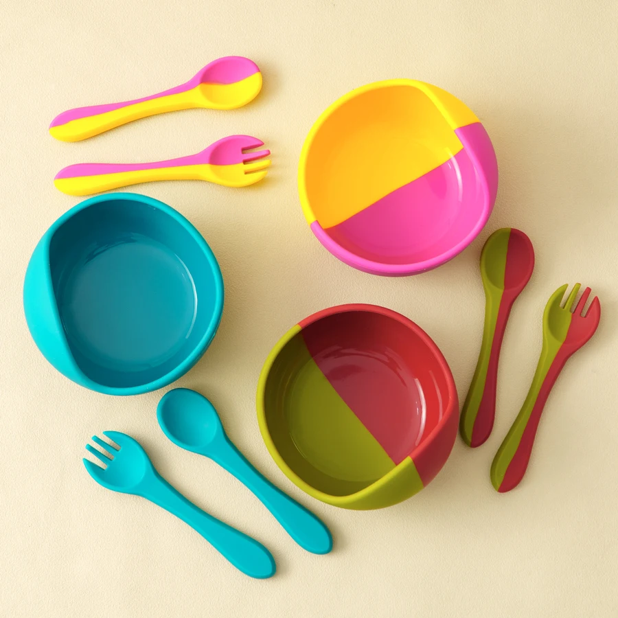 3PCS Baby Silicone Tableware Sets Color Contrast Suction Bowl Soft Spoon Fork Feeding Training Baby Dinner Set Baby Utensils 2