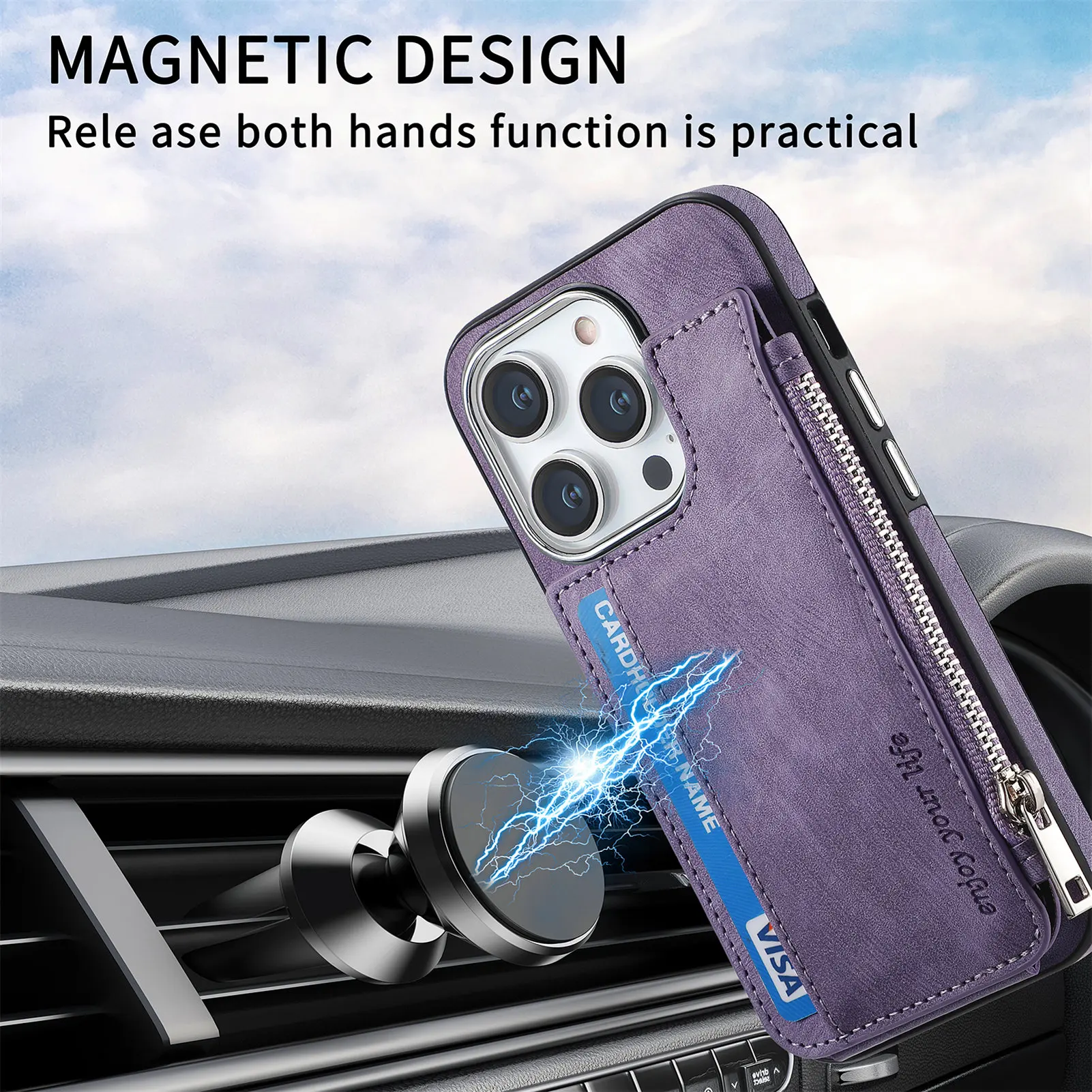 Wireless Charging Magnetic Zipper Wallet Leather Case For iPhone