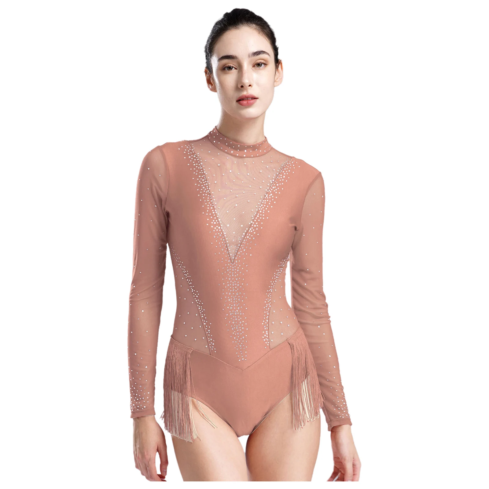 Abito Da Balletto Monopezzo Con Strass, Manica Lunga E Gonna In Rete Sfumata, Per Ginnastica Ritmica, Pattinaggio E Danza Contemporanea