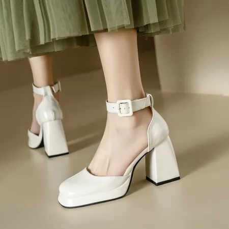 

Black Beige Patent Leather Heeled Pumps Women Mary Janes Shoes Square Toe High Heels Female Working Party Dance Shoe 2024 Spring