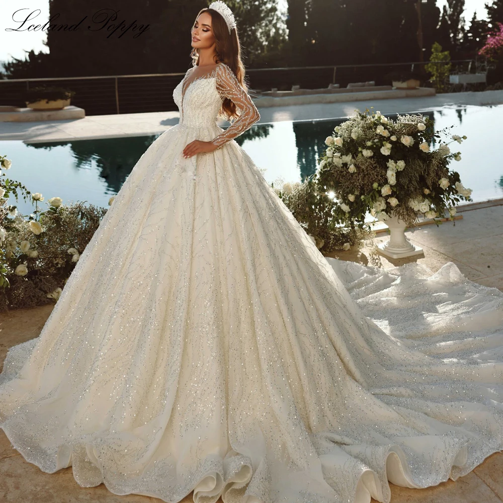 

Lceland Poppy Luxury Women's A Line Beading Lace Wedding Dresses Floor Length Long Sleeves Bridal Gowns with Cathedral Train