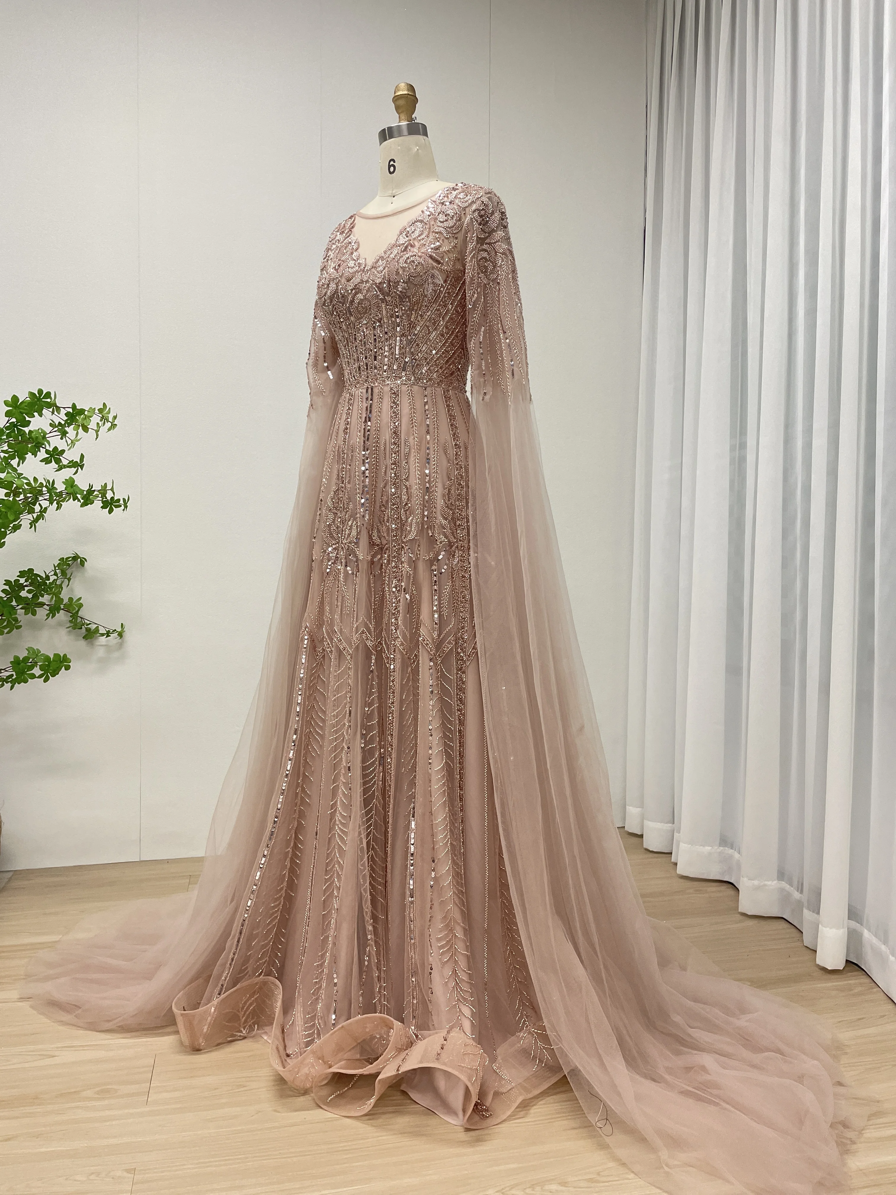 MYMB Luxuriöses, elegantes, rosafarbenes, perlenbesetztes arabisches Abendkleid in A-Linie mit Cape-Ärmeln für Damen, formelle Party-Abschlussballkleider, individuell MB40377 – Detail 6