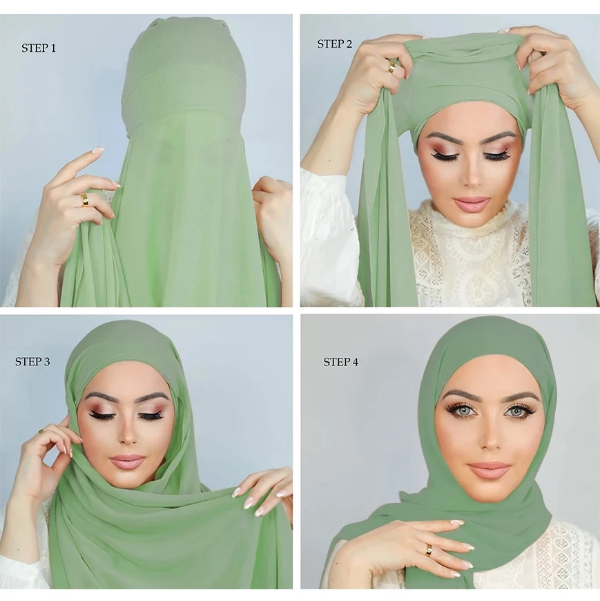 Instant Hijabs With Cap Plain Chiffon Jersey Hijabs For Woman Veil Muslim Islamic Hijab Cap Scarf For Women's Hijabs Headscarf