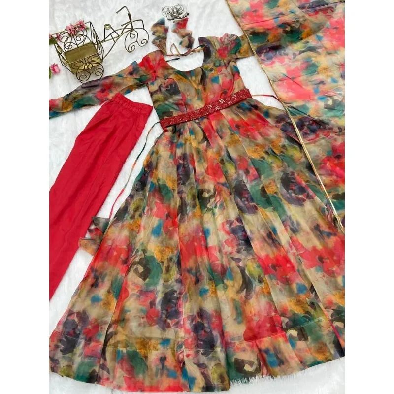 Fully Stitched Organza Fabric Anarkali Long Gown Salwar Suit Kurti Palazzo Dress