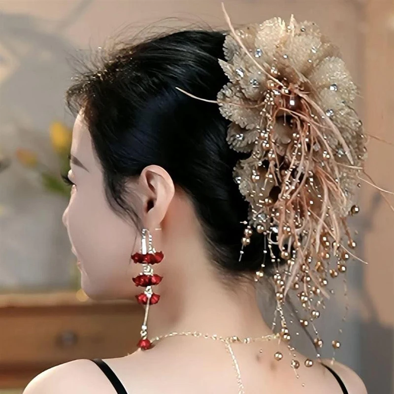 1PC Elegant Mesh Flower Hair Clip For Women Elegant Pearl Tassel Shark Clip Fashion Girl Ponytail Clip Hair Accessories