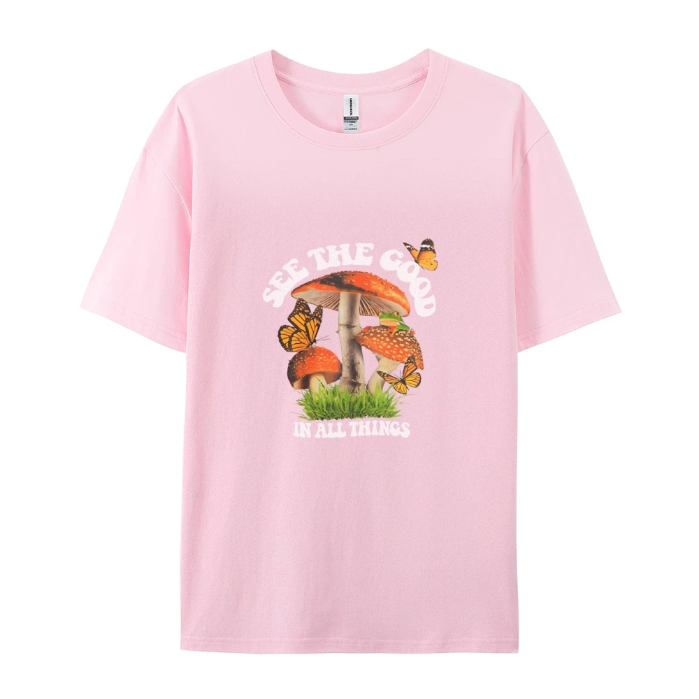 

Повседневная футболка на весну/лето, односторонний принт, оверсайз, повседневная одежда, рисунок в виде грибов, веселая Одежда для девочек, фотосессия, 100% хлопок