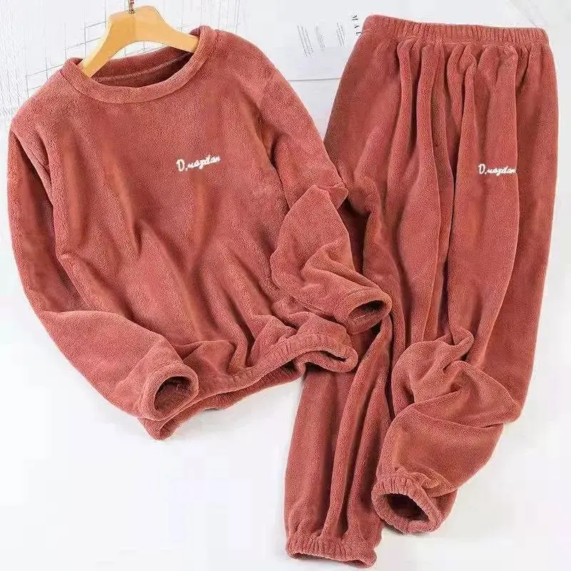 2023 New Warm Loungewear Suit Women's Autumn Winter Coral Fleece Lazy Homewear Fleece Thick Pajamas Round Collar Sleepwear