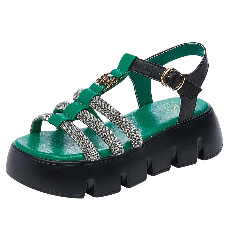 

CICIYANG Women's Sandals Summer Genuine Leather 2023 New Chunky Platform Wedge Roman Sandal Ladies T-strap Outdoor Sandals Green