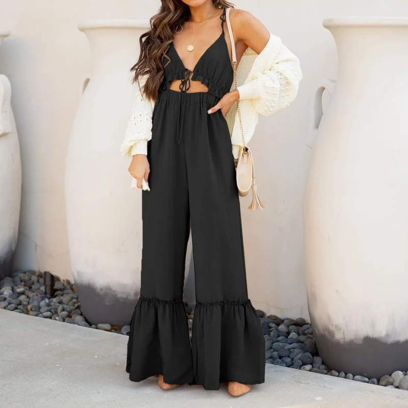 2024 Summer Solid Color Sexy Jumpsuits Women Suspenders Ruffled Wide-leg Flared Pants Rompers Casual Drawstring One Piece Outfit